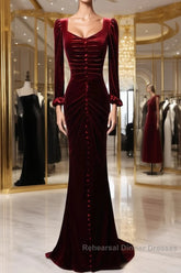 Wine Red Velvet Long Sleeves Mermaid Long Semi Formal Prom Dress, Wine Red Evening Dress